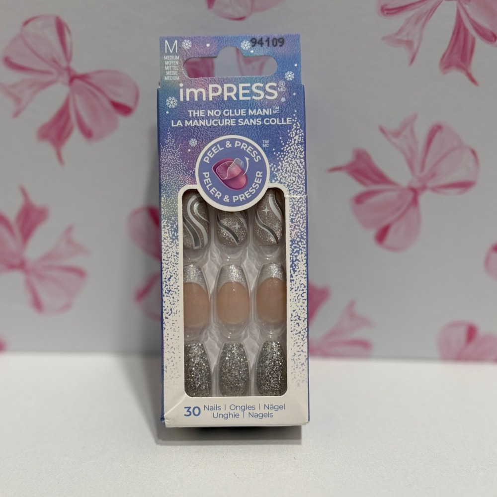 imPRESS Press-On Manicure Silver Glitter French Tip Medium Nails 30 Count‎